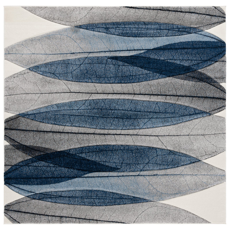 Jeromie Performance Floral Rug, Square 6'7", Blue/Black/Ivory