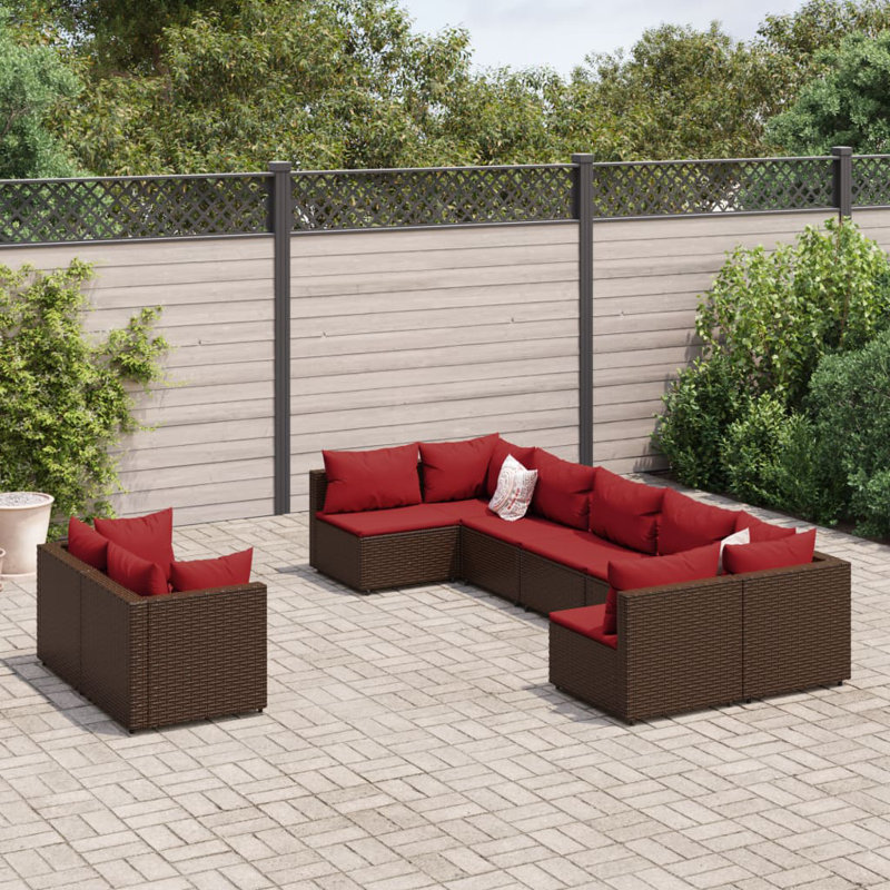 Ensemble de canapé de patio 9 pièces rectangulaire en rotin PE brun, Brun, Rouge cannelle