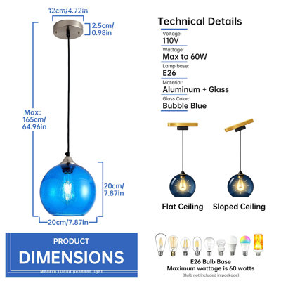 Light Blue Glass Pendant Lights Kitchen Island Lighting Globe Pendant Light Fixtures Modern Pendant Lighting for Bedroom Living Dining Room Light Fixture (7.9 in, 2 Pack)
