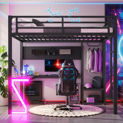 Lit mezzanine avec bureau en forme de L et ports USB, lit mezzanine en métal avec plateau d'ordinateur, panneau perforé et lumières de jeu en forme de Z, noir