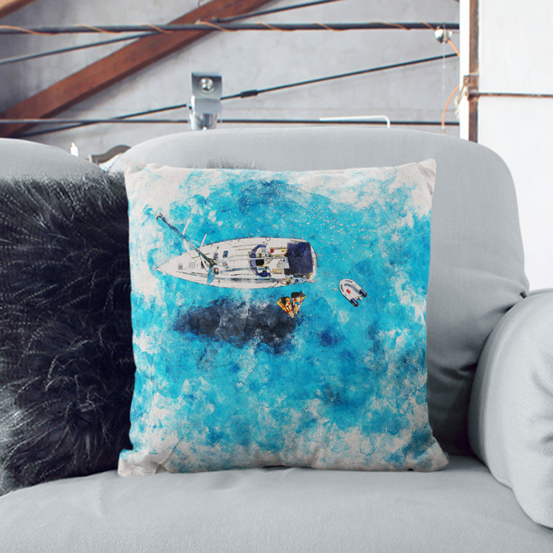 Boat In The Balearic Islands Watercolour Square Throw Cushion, 55cm H x 55cm W x 20cm D, White