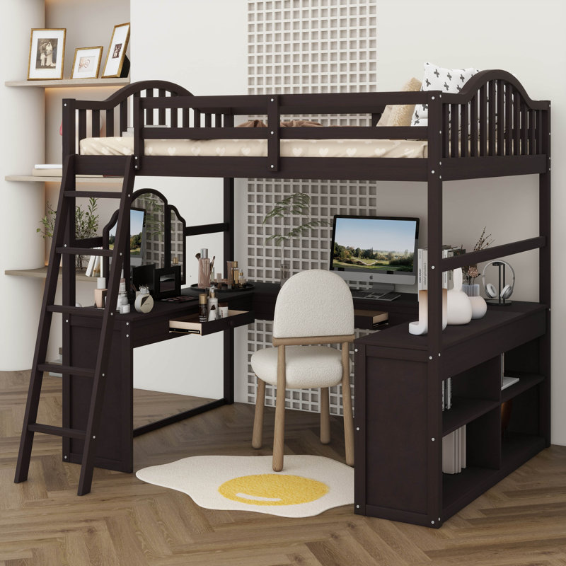 Loft Bed With U-shaped Desk, Bookcase And Mirror, Espresso