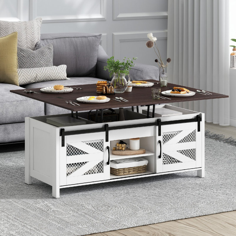 Table basse à plateau relevable avec rangement Norinue Farmhouse, Brun / Blanc