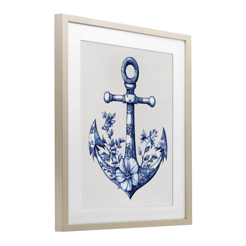 Toile à motif ancre, reproduction encadrée sous verre, design avec lettres et doublure, Cadre de récolte en pin