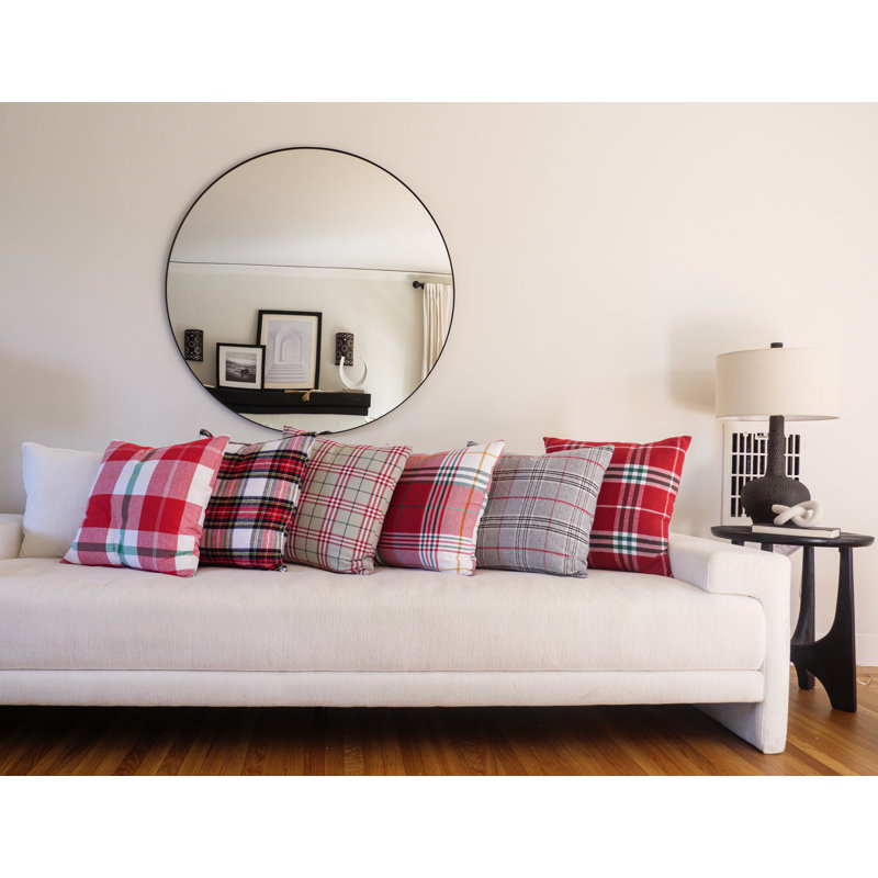 KAF Home Feather Filled 20 x 20 Holiday Throw Pillow - Traditional Check - Grey Red Green