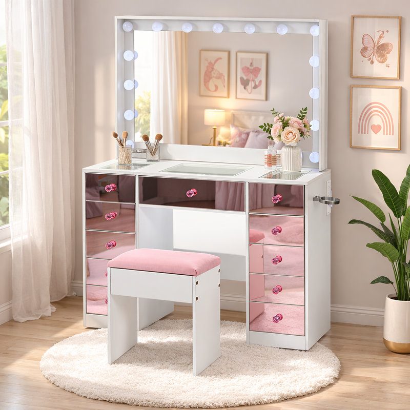 41.7" Makeup Vanity Set With Stool, Hollywood Lighted Mirror, Wood, Pink Mirrored Drawers, Contemporary, Bedroom