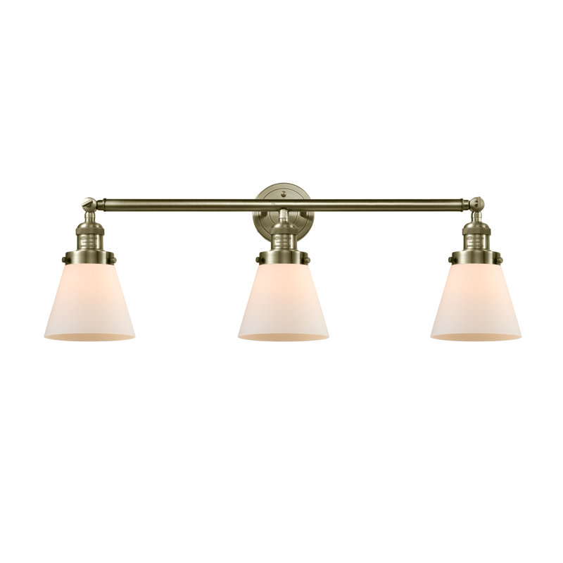 Éclairage pour salle de bain 3 lumières Andrews Cone, Laiton antique, Blanc mat, Ampoule DEL 6 watts Vinage