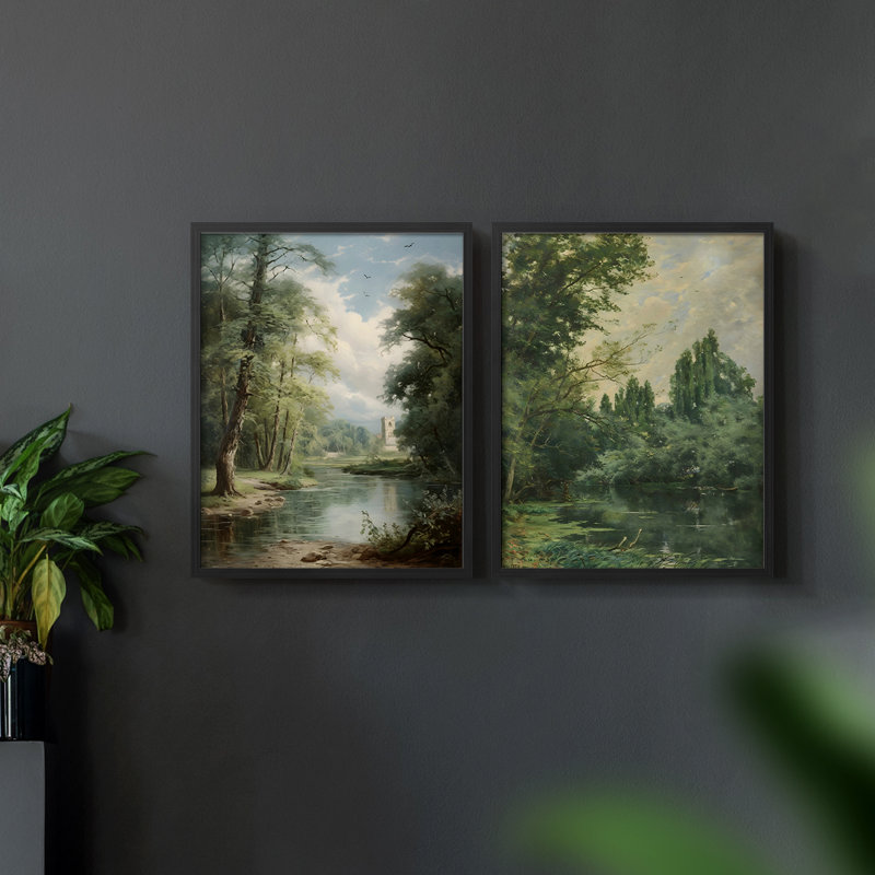 «Vintage Landscape XXXIII», impression giclée sur cadre - ensemble de 2, Noir, noir, noir, noir, H 9 po x l 22 po