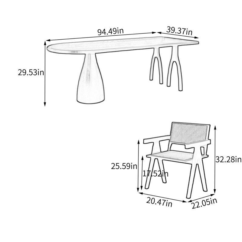 Ensemble de salle à manger rectangulaire, H 29,53 po x L 94,49 po x l 39,37 po