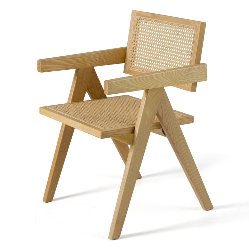 Cid Ayla 21 Inch Retro Dining Chair, Woven Rattan Back, Natural Brown Finish, Natural