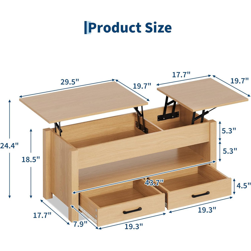 Table basse avec plateau relevable, table basse convertible avec plateau relevable en bois, 2 tiroirs et compartiment caché, table centrale avec rangement pour le bureau à domicile