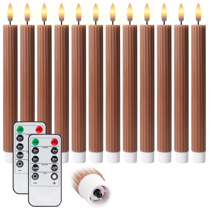 Fluted Ribbed Grooved LED Flameless Taper Candles, Remote, On/Off Button, Battery Operated, 12 Pack, Brown Tan