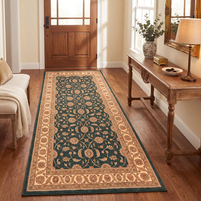 Tapis Courtyard traditionnel à motifs floraux or, vert, crème et ivoire, lavable à la machine, antidérapant, à poils courts, pour l'intérieur et l'extérieur, adapté aux animaux domestiques, idéal pour le salon, la chambre, la salle à manger, l'entrée, le couloir ou le bureau.