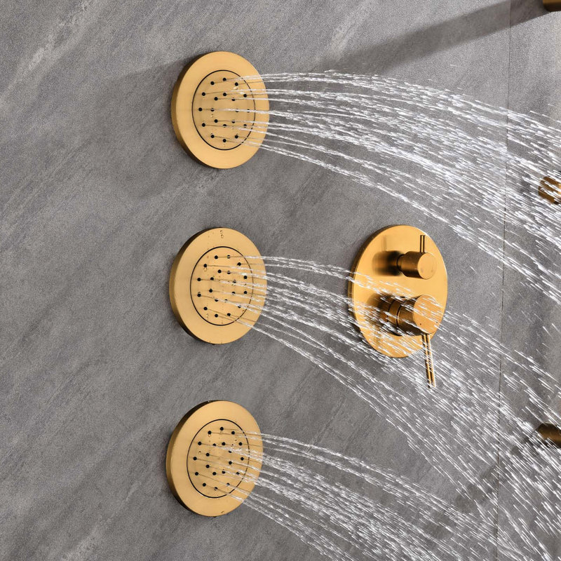 Brushed Gold Shower System With Stylish 59-inch Hose, Arm & Hose In Rain Head, Hand Bodysprays, Brushed Gold