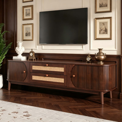  Country Dark Wood Rattan TV Stand with Storage Drawers for TVs Up To 80 Inch