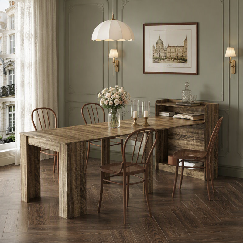 Table de salle à manger extensible moderne avec rangement, H 39,37 po x l 95,43 po x P 36,61 po, Barnwood, Bois