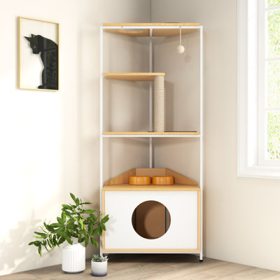 Arbre à chat avec poste d'alimentation et poteau à griffer, espace - blanc + chêne, coffre-fort amusant pour les chats d'intérieur