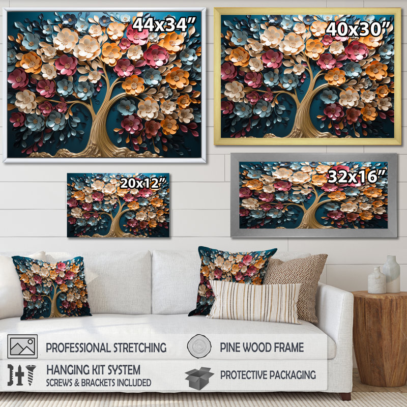 Orchidée dorée colorée, jardin de branches en V - impression sur toile d'arbre, Cadre flottant doré