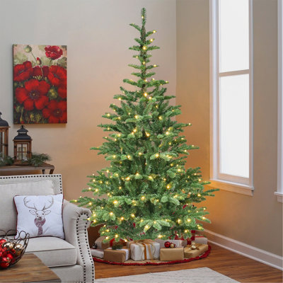 Arbre de Noël illuminé 5 pi avec 200 lumières DEL blanc chaud, 403 pointes en PE + PVC, aspect réaliste en couches, base en bois unique - arbre de Noël artificiel complet pour la décoration intérieure