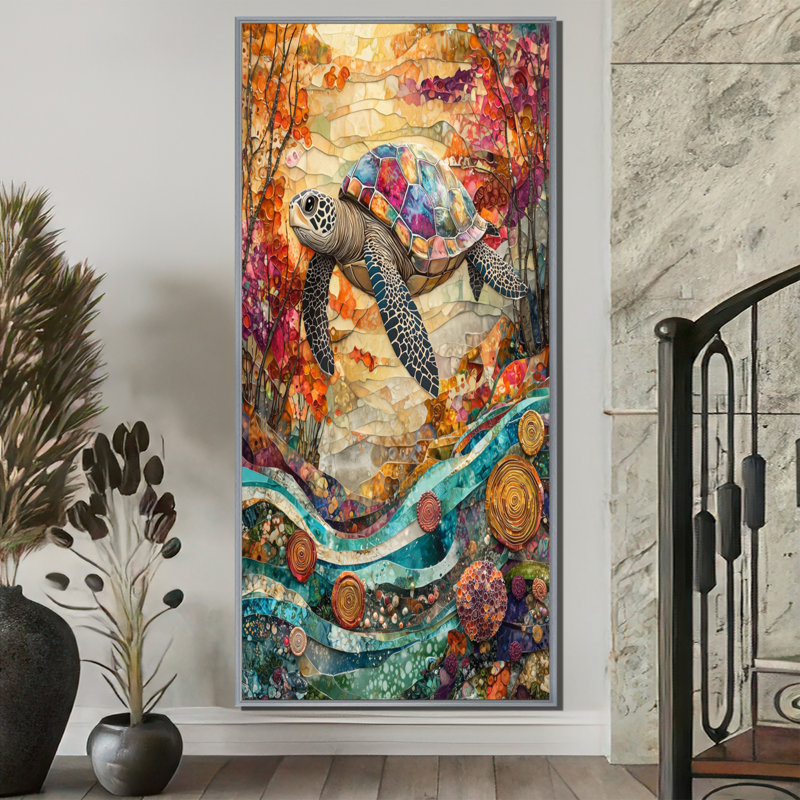Coey Aquarium coloré avec une tortue au-dessus d'un corail II - tortue, art mural, H 60 po x l 28 po, Argent argent