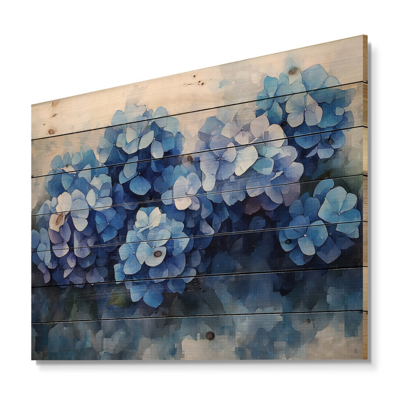 Aqua hortensias sur rivière à encre - Art mural bois d'hortensias - sur bois de pin naturel, H 30 po x l 40 po