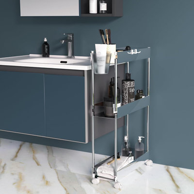 Chariot roulant à 3 niveaux en acrylique, chariot utilitaire pour le rangement de la cuisine, tablettes mobiles avec organisateurs coulissants avec 2 roues verrouillables et crochets pour salle de bain, salle de lavage, bureau, transparent