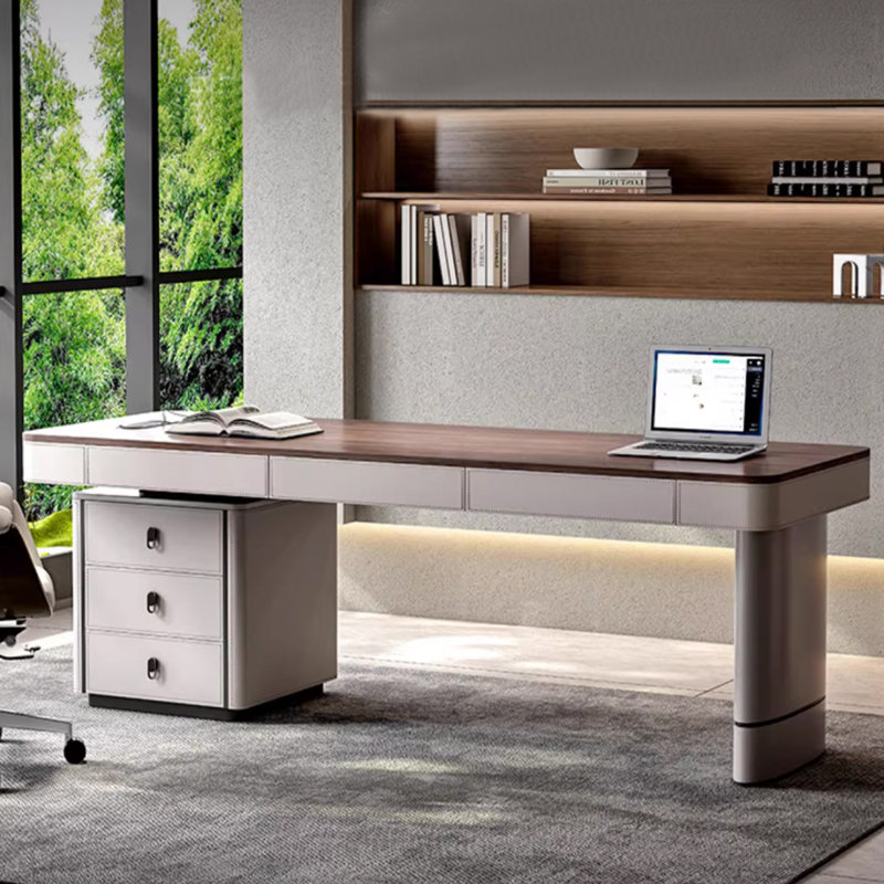 Bureau rectangulaire à 6 tiroirs en bois manufacturé brun noisette + blanc beige, Retour à gauche