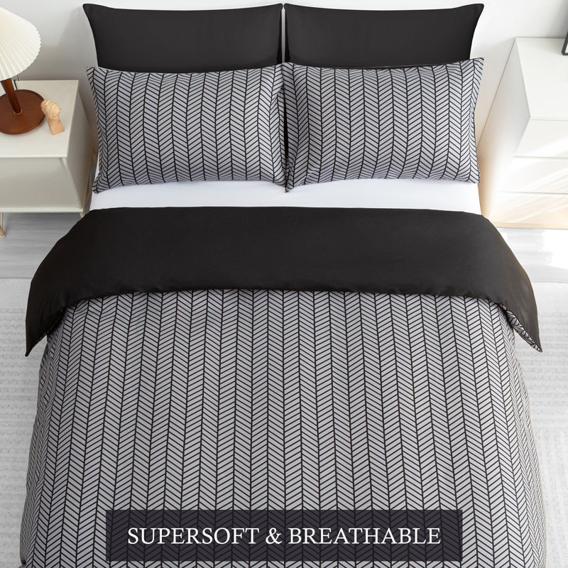 Microfiber Chevron / Zig Zag Duvet Cover Set, Black& Grey, Double