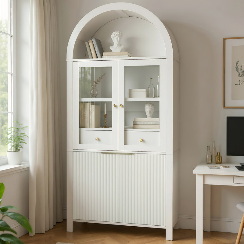 70" Tall Arched Display Cabinet With Glass Doors, White