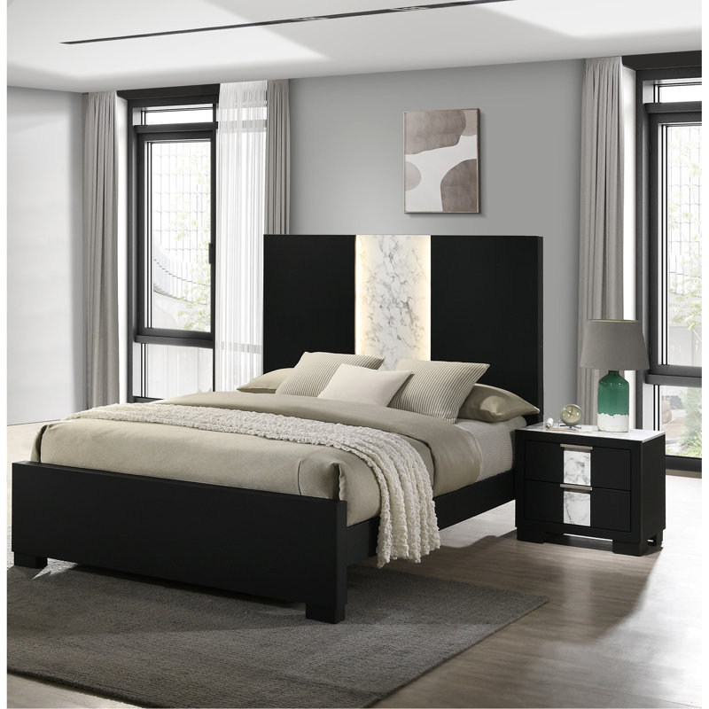 Table de chevet deux tiroirs pour chambre à coucher - Finition noire et blanc uni