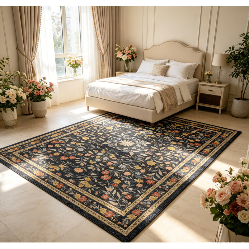 Boho Floral Area Rug – Washable Ultra Thin Non-Slip Carpet for Living Room, Girls Room, Nursery, Playroom – Green, 2x6ft (61x183cm)