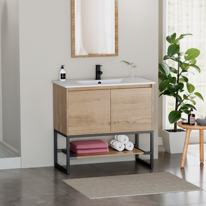 Azai 36" Single Bathroom Vanity Set with Sink Top, Faucet, Metal Frame with Open Shelf, Nature