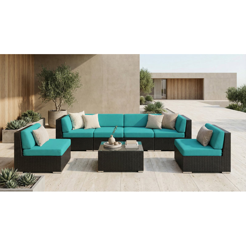 Barneveld Wicker 6 - Person Seating Group with Cushions - No Assembly, Black, Aruba Sunbrella® Canvas