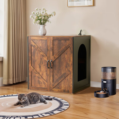 29.92"W Cat Litter Box Enclosure, Litter Collector for Self Cleaning Litter Box, Large Farmhouse Automatic Litter Robot Enclosure with Power Outlet, Magnetic Door, Brown