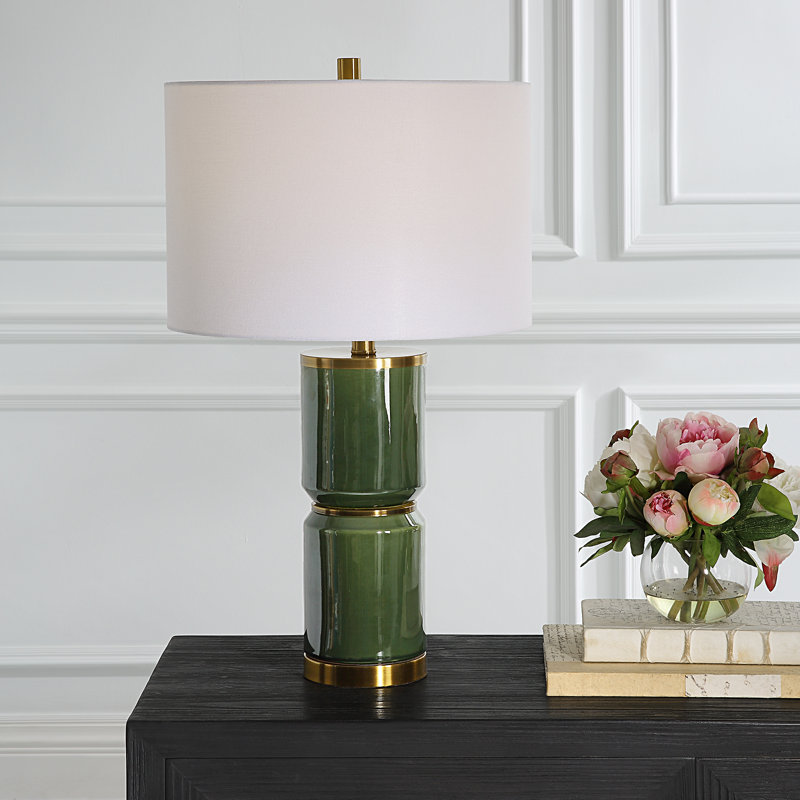 Dark Green Iron Table Lamp with White Linen Shade