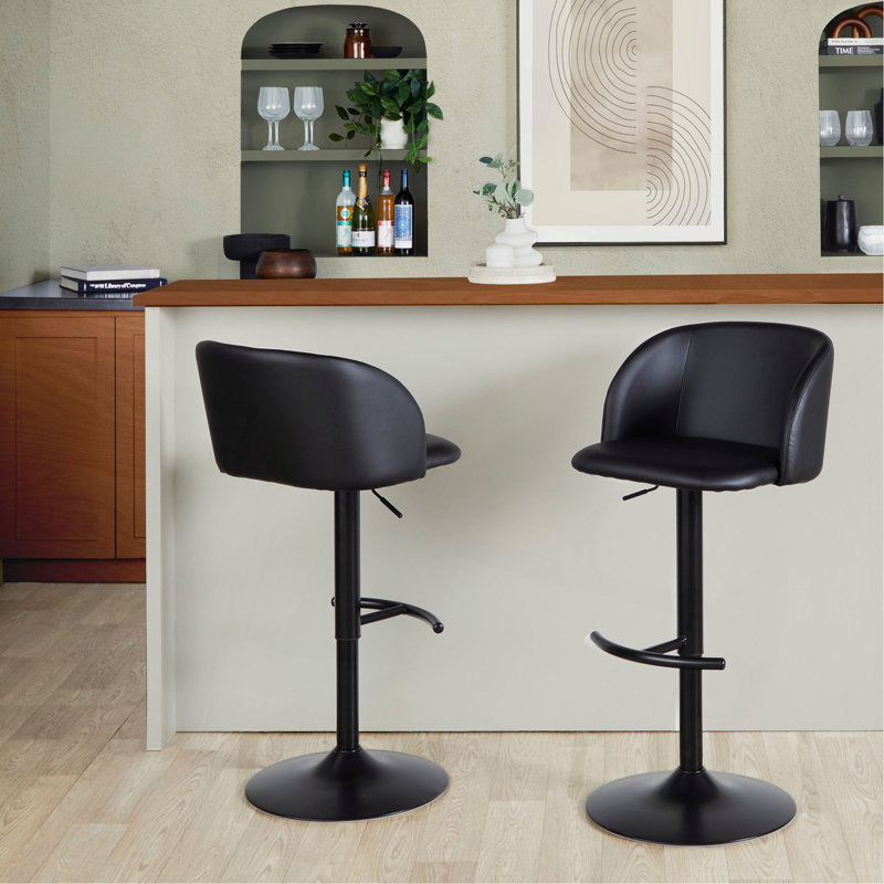 Tabouret de bar réglable en métal et similicuir noir avec repose-pieds arrondi en T - ensemble de 2, Noir