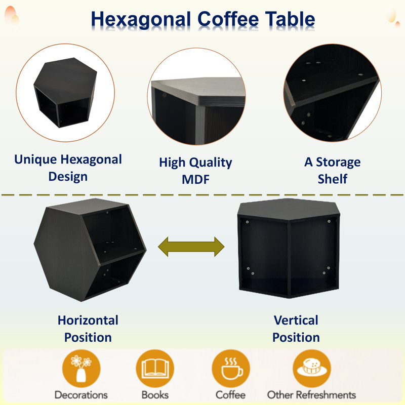 Set Of 2 Hexagonal Coffee Tables With A Storage Shelf, Black/Brown