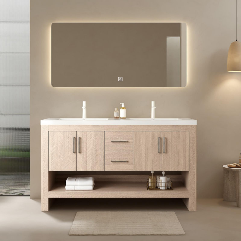 Meuble-lavabo de salle de bain avec lavabos, armoire de rangement autoportante avec tiroirs et tablette ouverte, lavabo intégré