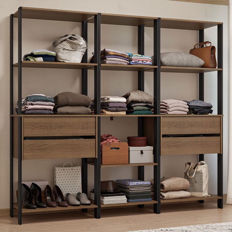  Armoire modulaire multi-usages pour l'organisation de la chambre à coucher avec armoire à 4 tiroirs et tablettes ouvertes L 78 po - noir / brun