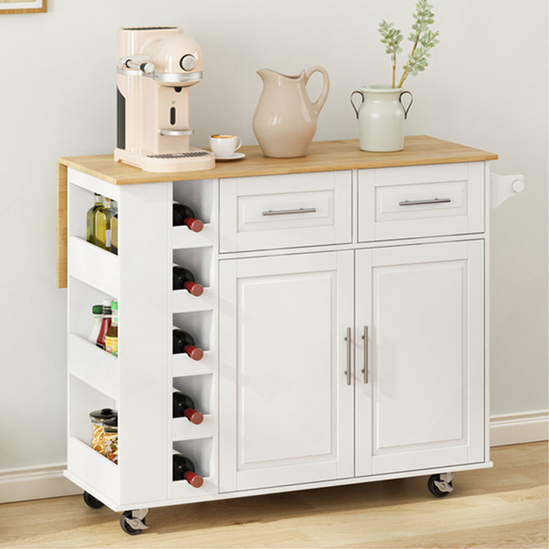 Chariot multifonctionnel pour îlot de cuisine avec armoire à 2 portes et deux tiroirs, support à épices, porte-serviette, support à vin et plateau de table en bois d'hévéa pliable
