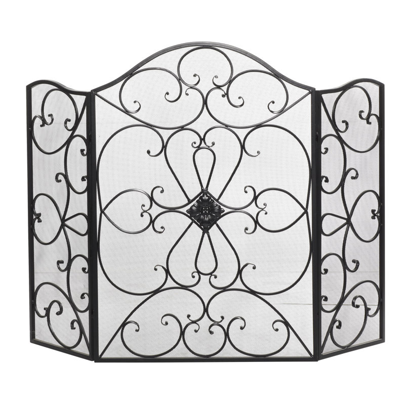 Bratches Black Metal Foldable 3 Panel Scroll Fireplace Screen with Mesh Netting