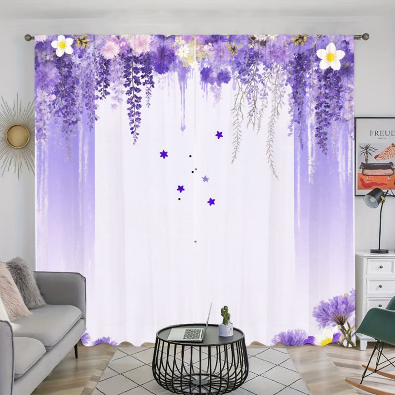 2PCS Wisteria Flower Style Decor Light Filtering Curtain with Purple Floral Cascade Pattern, Spring Refresh, Easy Hang Rod Pocket Design, All-Season Curtains for Home Living Room Bedroom Study Cabinet Decoration
