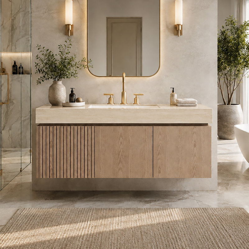 Ensemble de meuble-lavabo flottant moderne avec lavabo 48 po Alba, Chêne gris-beige, Travertin beige