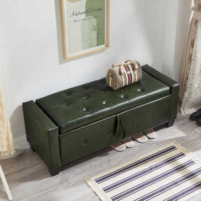 Banc avec repose-pieds 48 po avec rangement, banc pour chambre à coucher, salon, couloir, repose-pieds capitonné en similicuir PU vert foncé