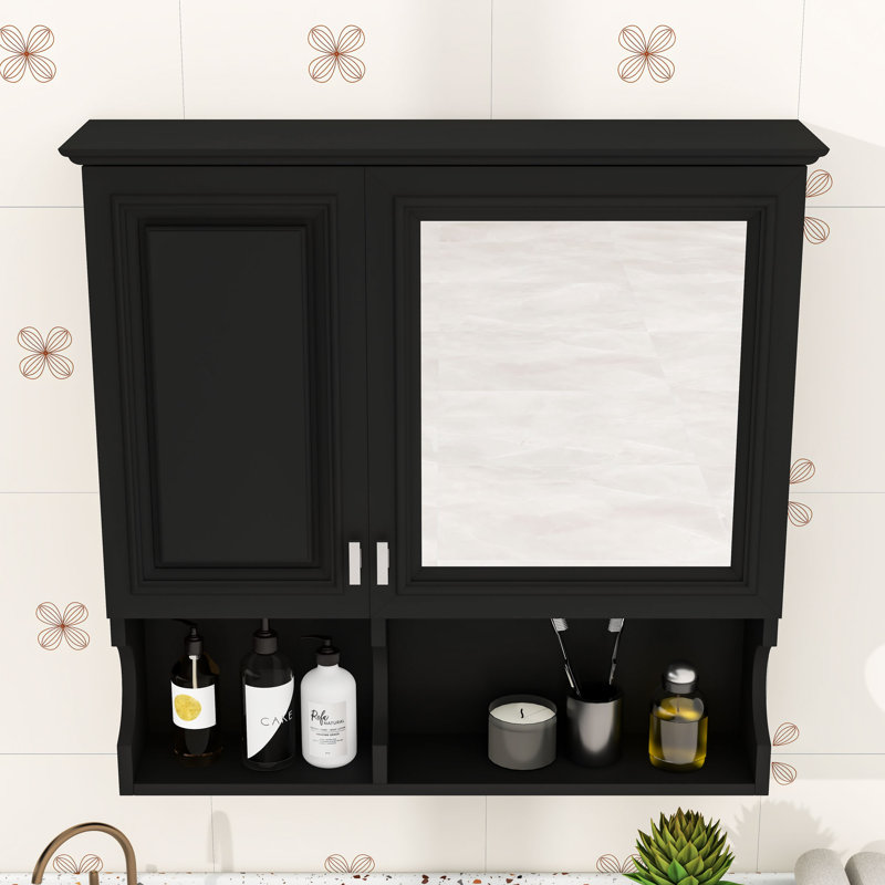 Armoire de salle de bain murale avec miroir et rangement réglable, Noir