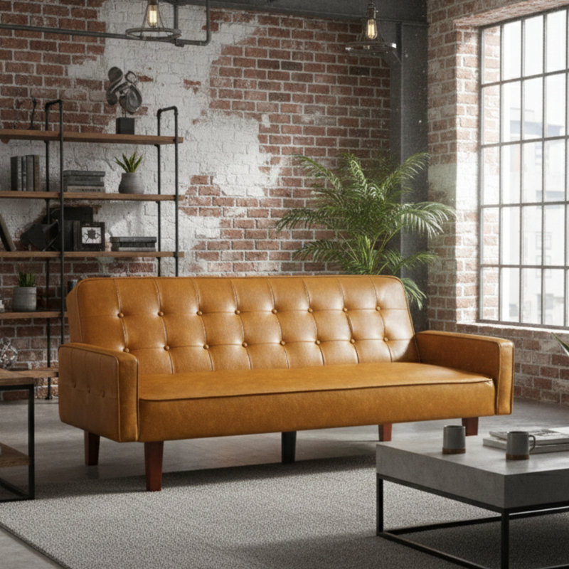 Canapé-lit 74 po Mid-Century, Similicuir brun