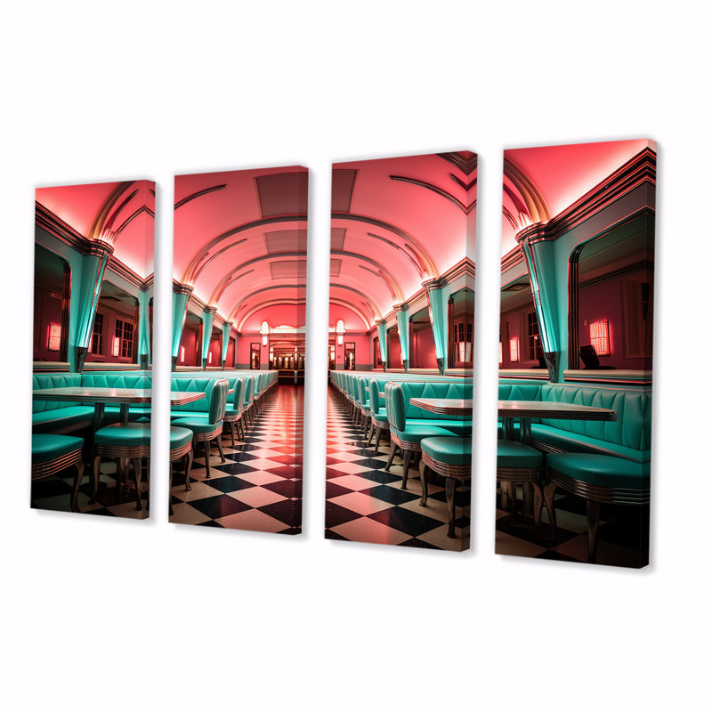 Pink Nostalgic Tunes Fast Food 1960S Diner - Jukeboxes 4 Piece Wall Art, 28" H x 48" W