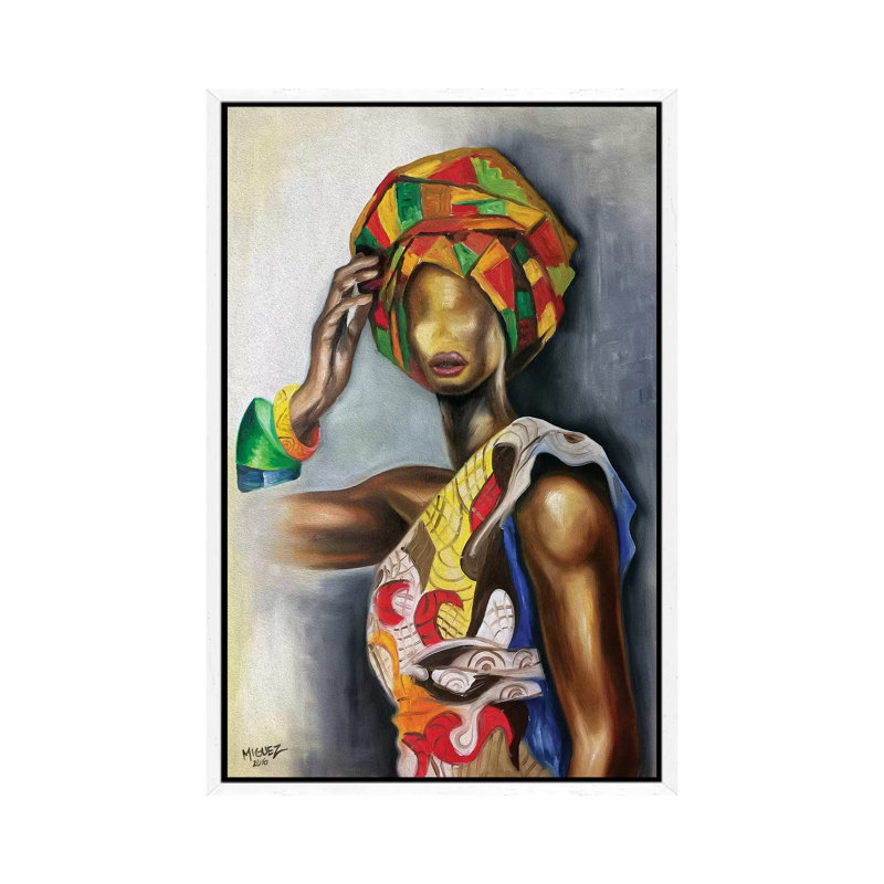 African Cuban Female by Dixie Miguez - Painting on Canvas, 66.04cm H x 45.72cm W x 3.81cm D, White Framed