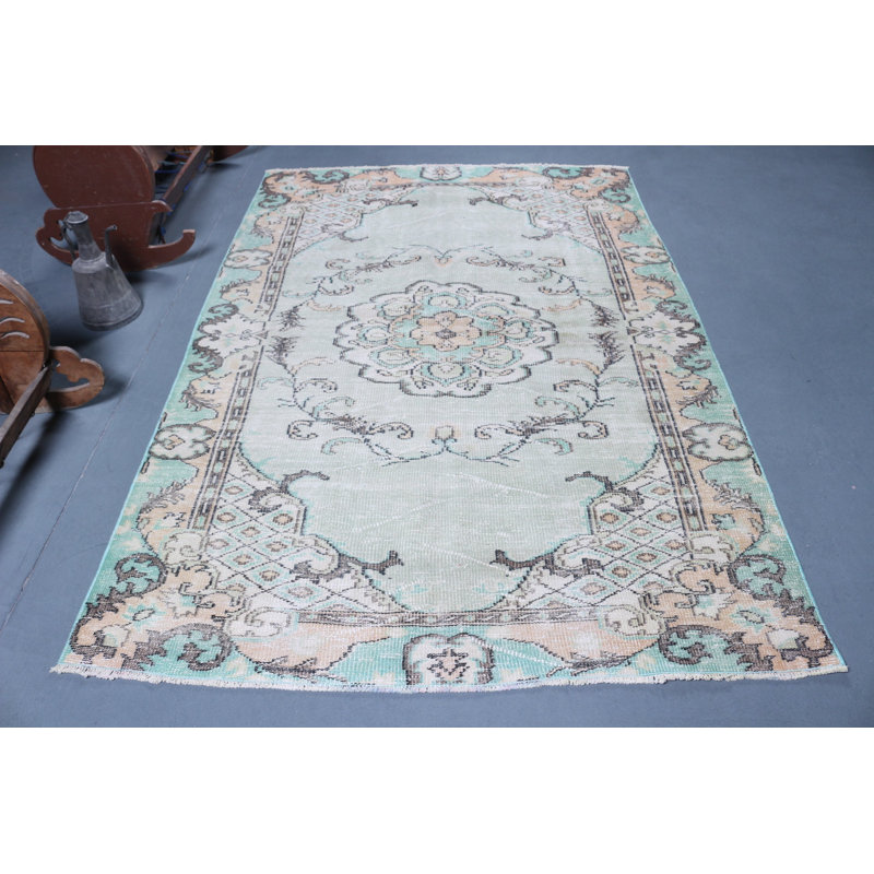 Grand tapis Oushak turc vert fait à la main parfait pour le salon ou la chambre à coucher en laine