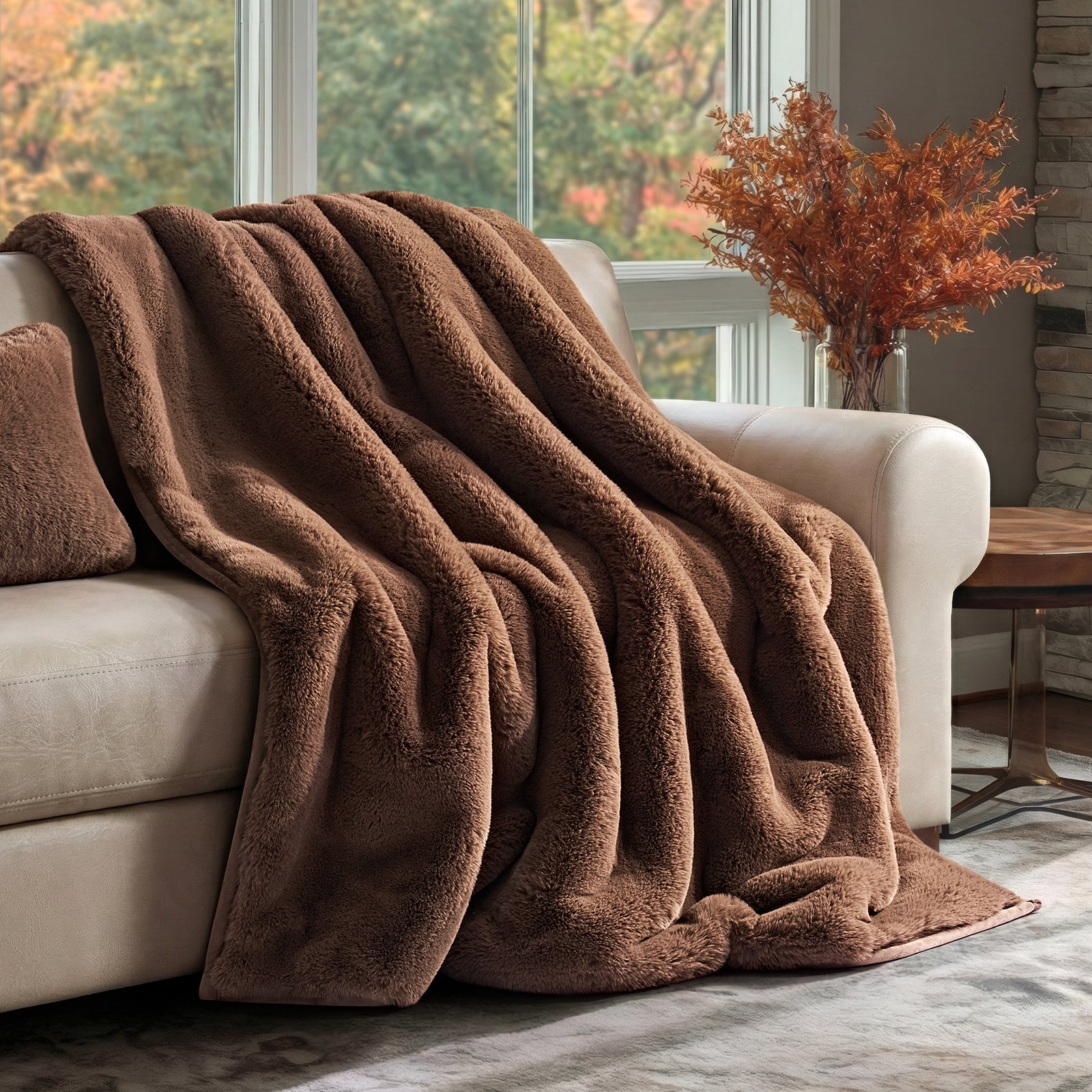 Chinchilla Faux Fur Throw Blanket, 80" L x 60" W, Chestnut Mink